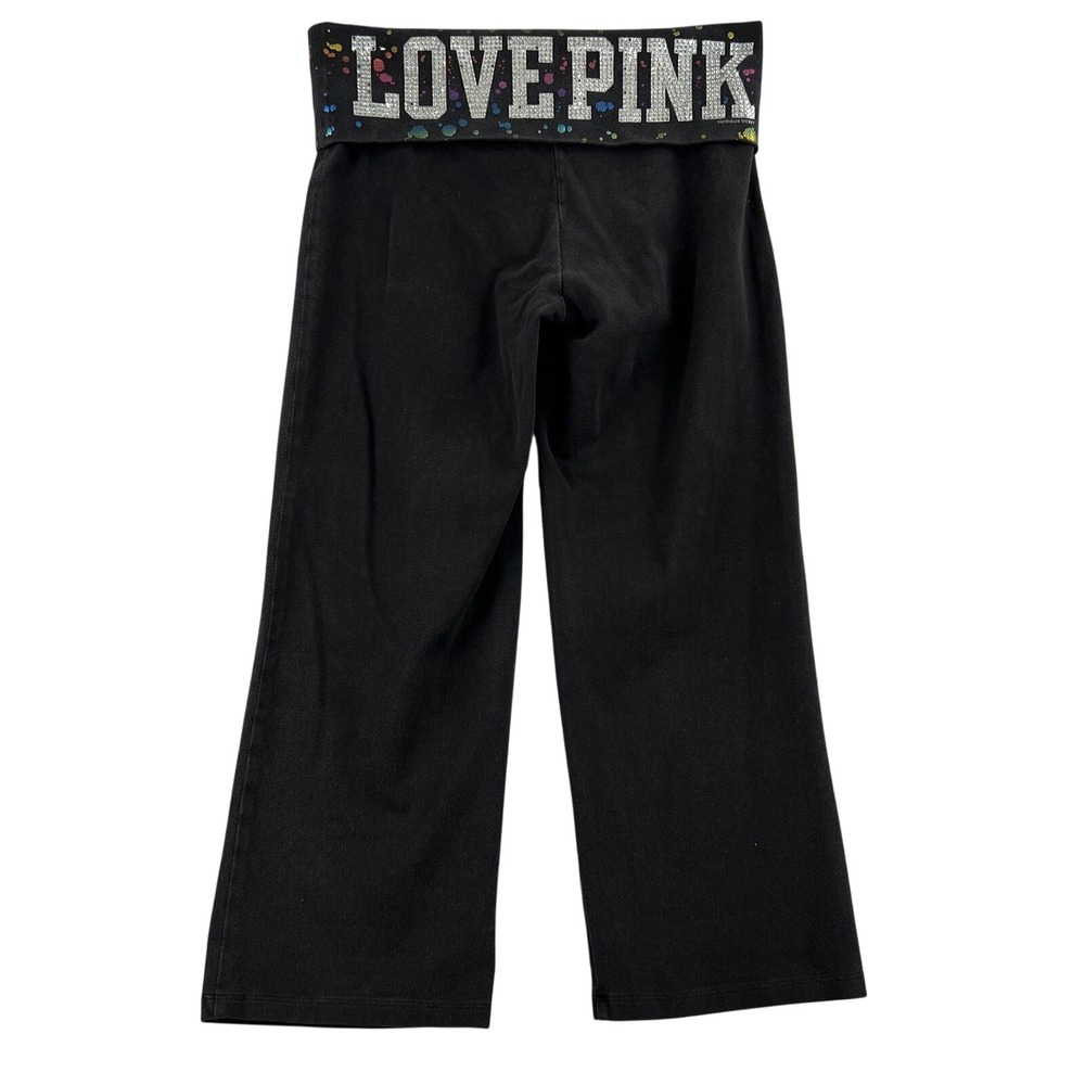 PINK Victorias Secret Bling Foldover Yoga Pants S Black Paint Splatter Flare